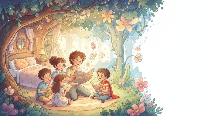 Parent reading courage-building children’s stories at bedtime to an anxious child, cozy night scene