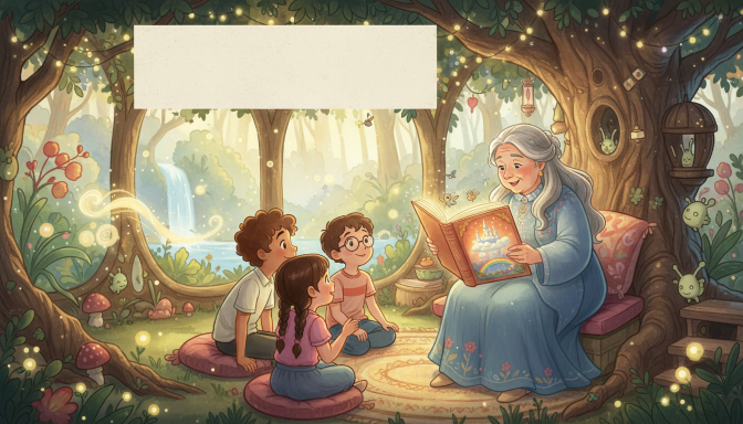 Frazzled mom with messy-haired kid laughing over a tablet reading a fairy tale, surrounded by toy chaos and handmade sock puppets, embodying a warm eco-family vibe.