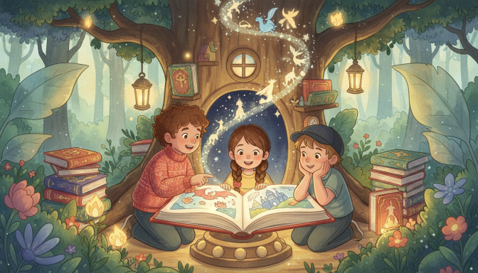 Učitelka MŠ čte dětem pohádku před poledním spánkem v klidném koutku s polštáři a loutkami.