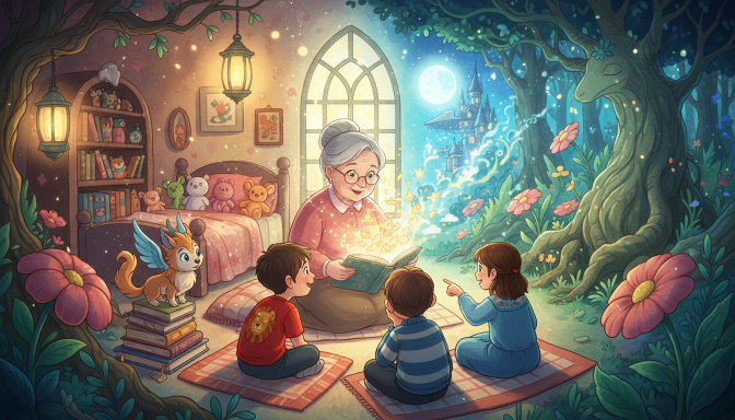 Parent and child choosing age-appropriate bedtime stories for ages 2–4, 5–7, and 8–11