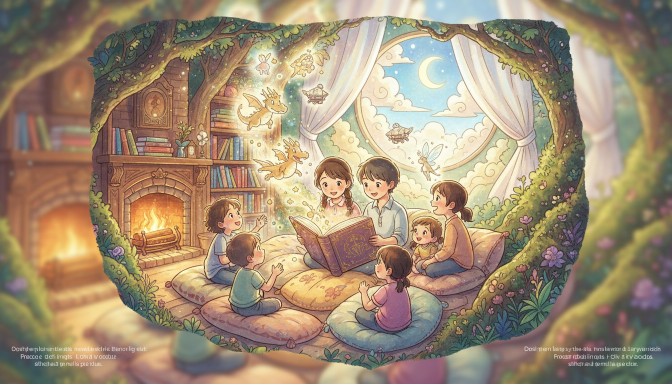 Colorful illustration of a parent reading Czech fairy tales online with two kids on a tablet — ReadFluffy