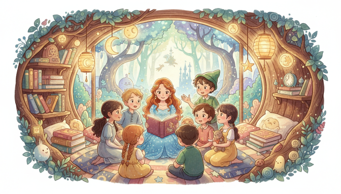 Parent reading a story about fairness and friendship to two kids