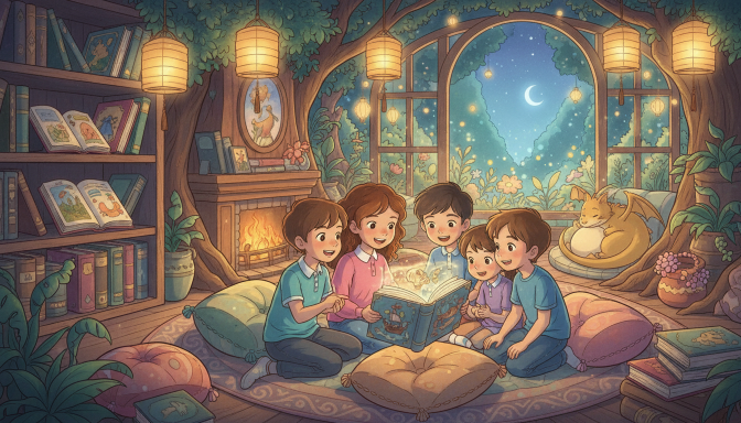 Smiling kids reading friendship storybooks together on the floor